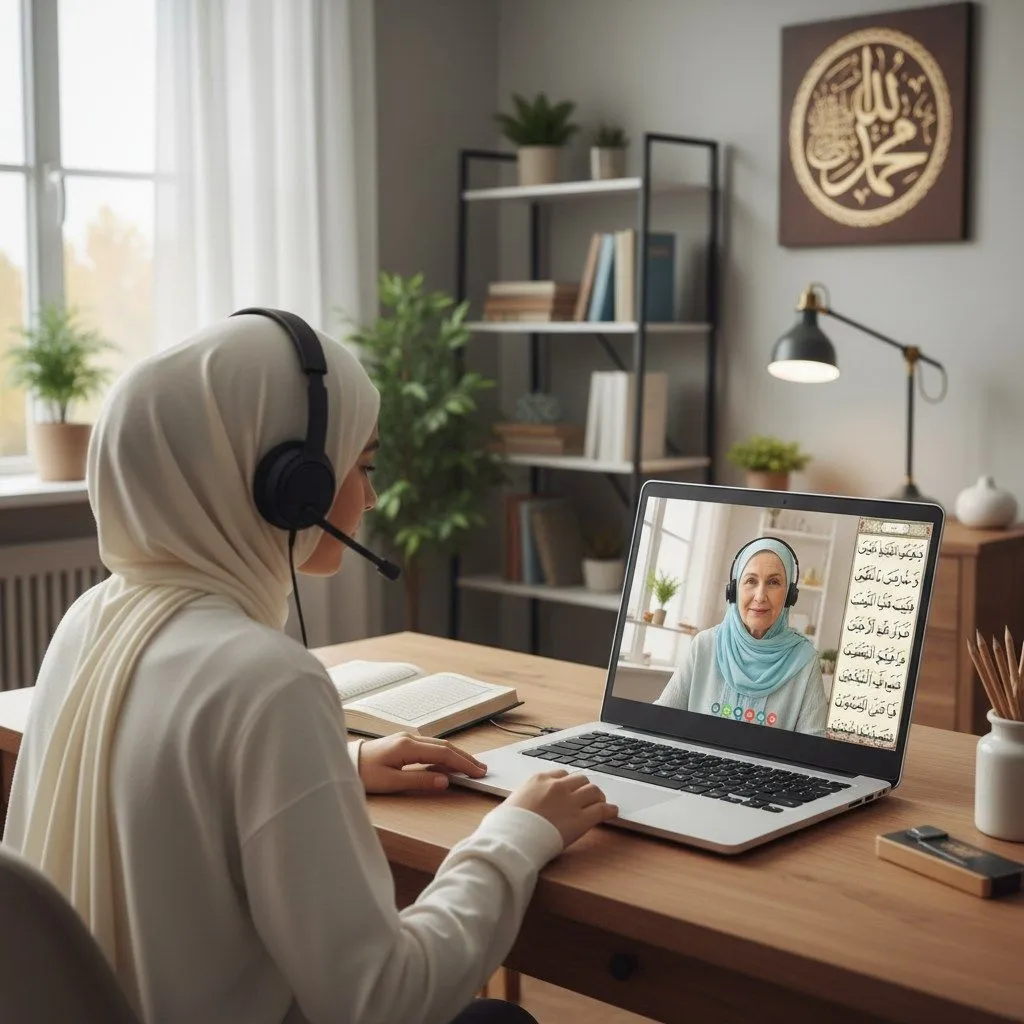 Student attending an online Quran Memorization Course with a female teacher via laptop at home
