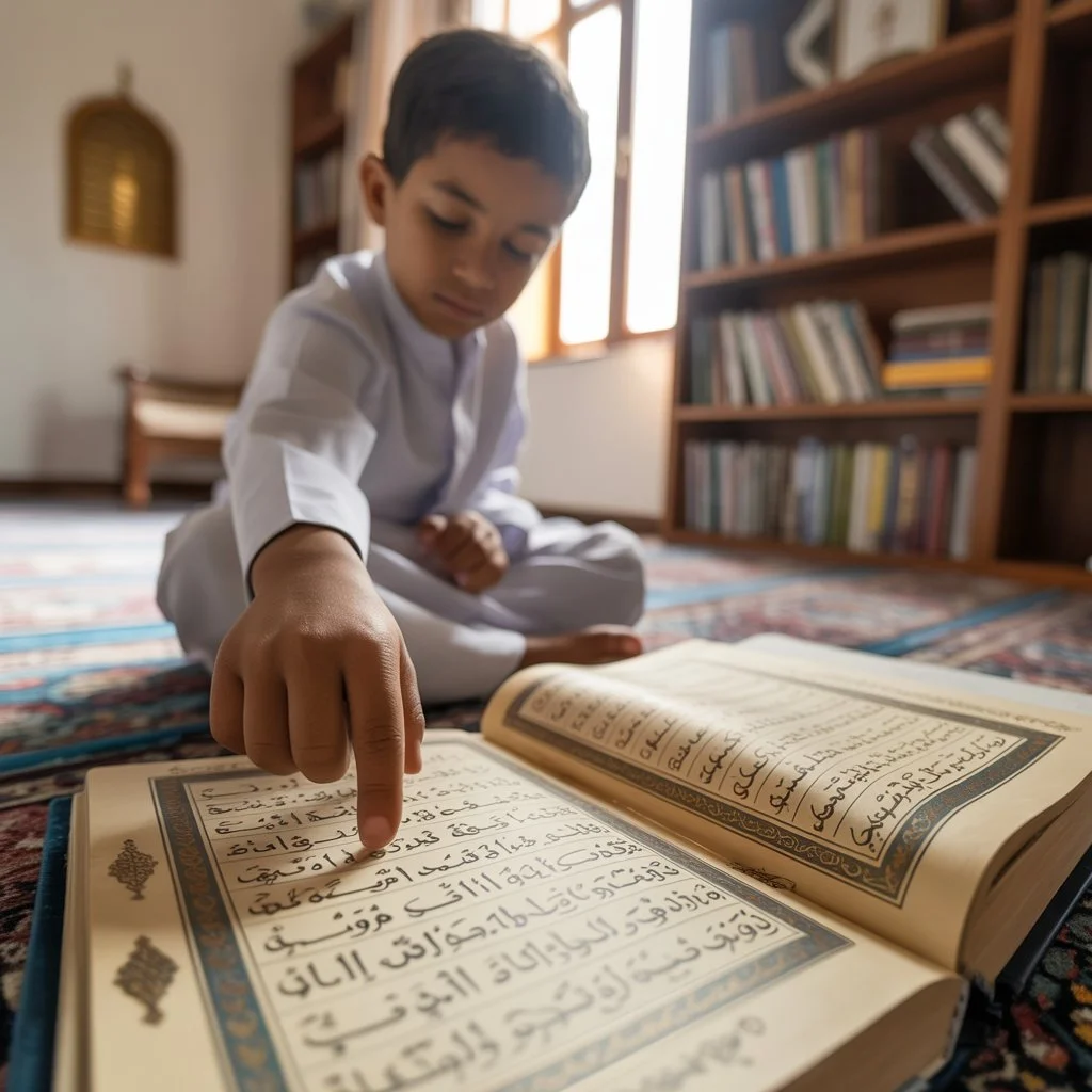 Young student reading the Holy Quran during a Quran Tajweed course by NoorSpark Quran, focusing on proper Arabic pronunciation and Tajweed rules in a peaceful learning environment.